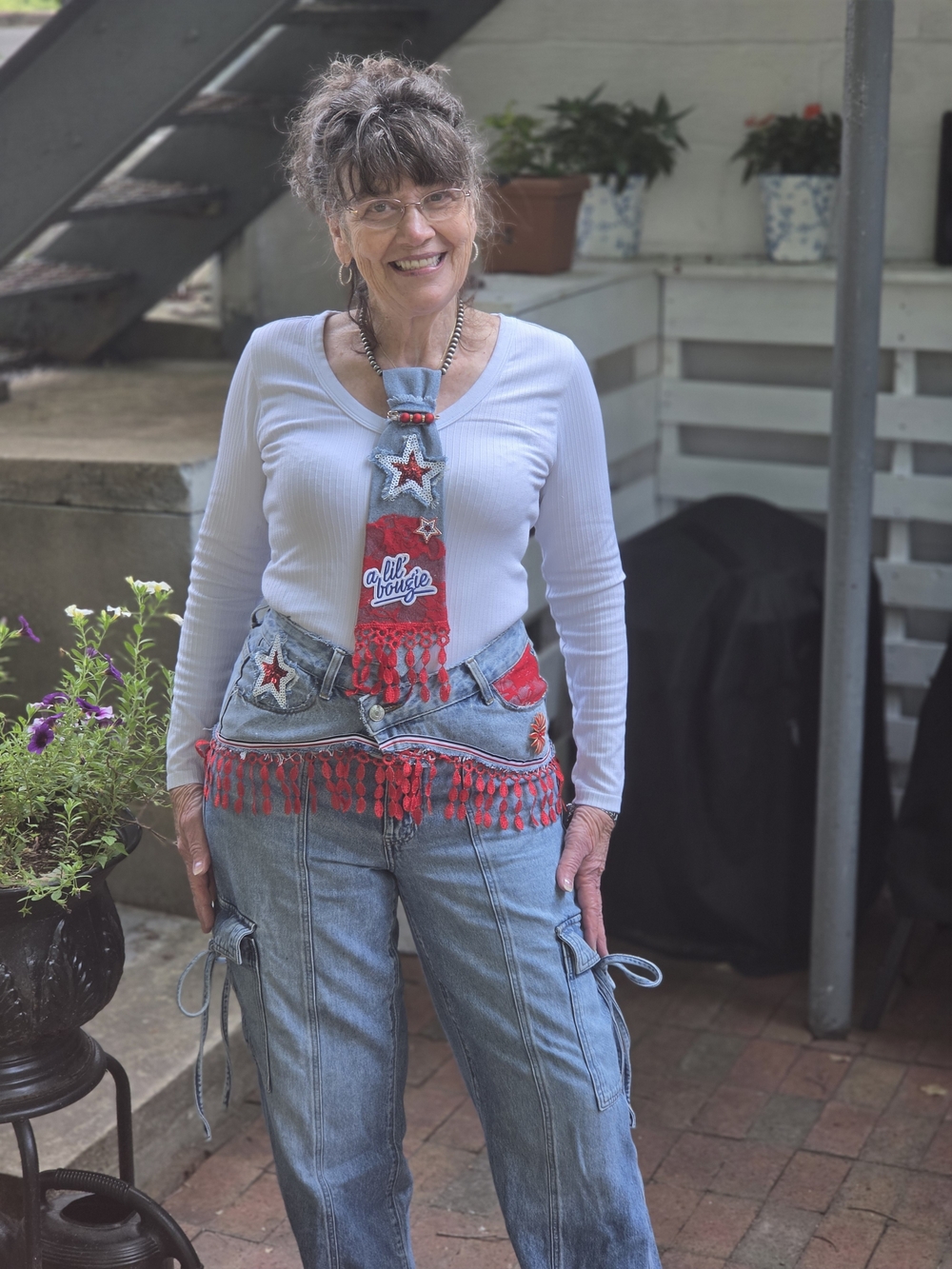 Patriotic Denim  Fringe Accent Junk Belt & Tie Set